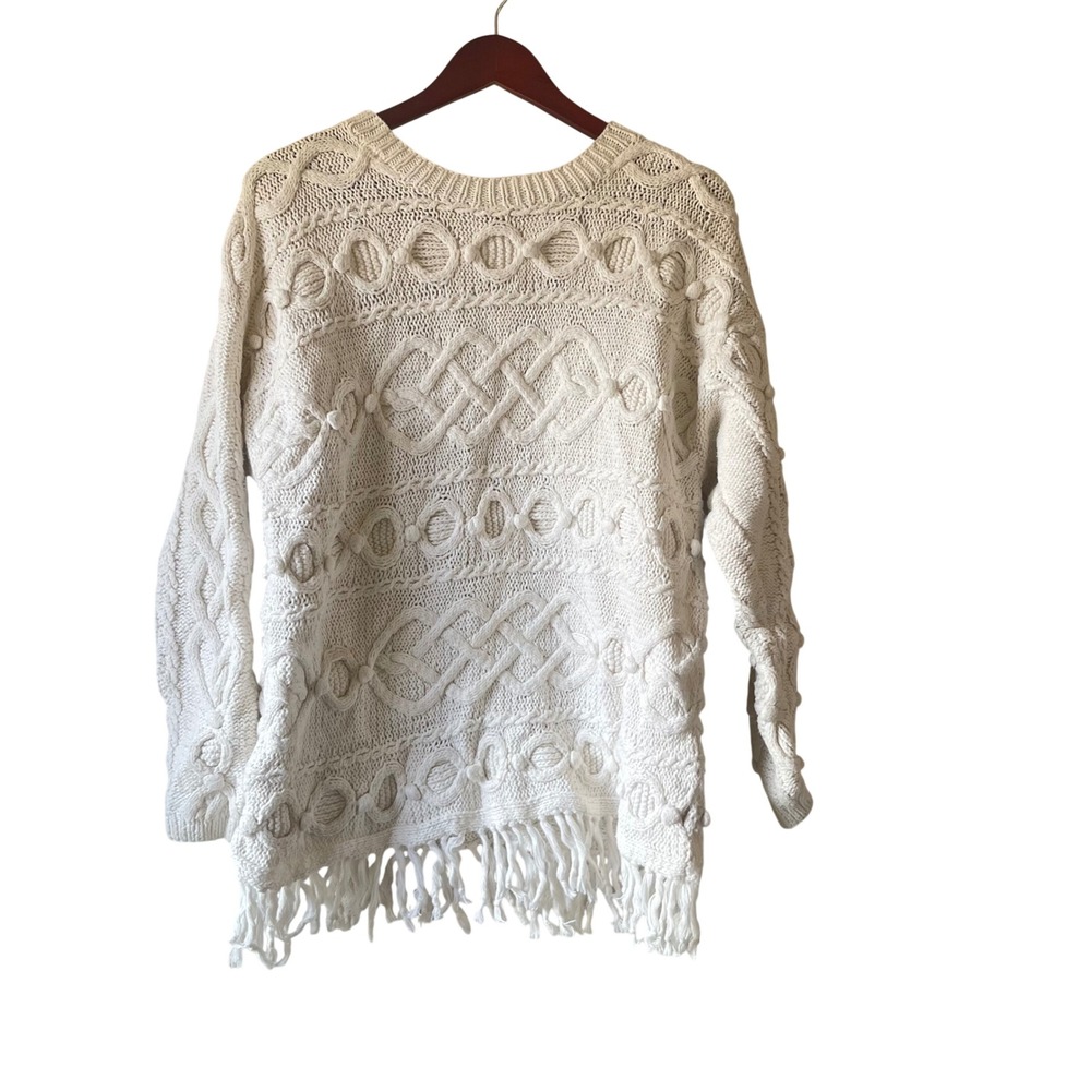 Vintage Express Tricot Hand Knitted Cable Knit Fringe Sweater‎ White Womens M